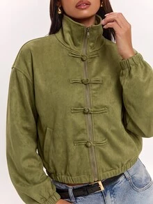 SHEIN BAE 女款純色立領拉鍊休閒日常旅行長袖夾克 - 軍綠色 - 查看 6