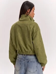 SHEIN BAE 女款純色立領拉鍊休閒日常旅行長袖夾克 - 軍綠色 - 查看 2