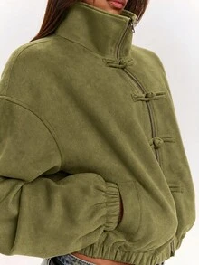 SHEIN BAE 女款純色立領拉鍊休閒日常旅行長袖夾克 - 軍綠色 - 查看 7