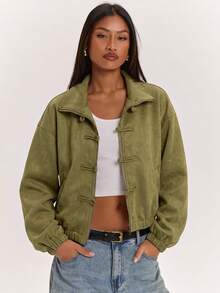 SHEIN BAE 女款純色立領拉鍊休閒日常旅行長袖夾克 - 軍綠色 - 查看 4