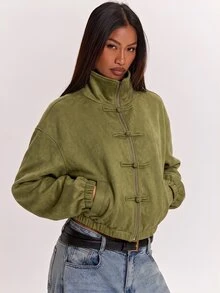 SHEIN BAE 女款純色立領拉鍊休閒日常旅行長袖夾克 - 軍綠色 - 查看 1
