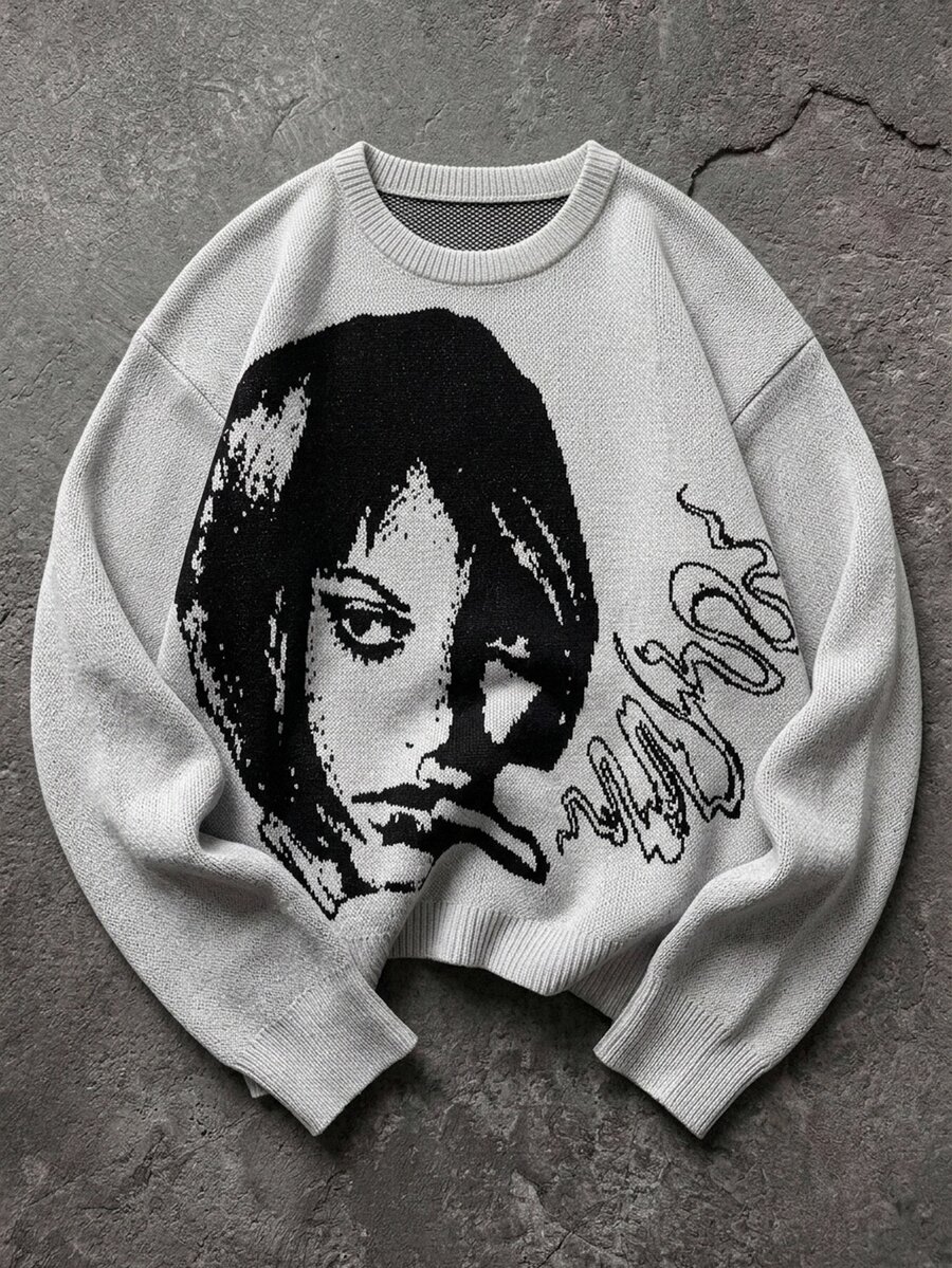 Manfinity EMRG Men Casual Streetwear Figure Letter Pattern Knit Graphic Color Block Pullover Long Sleeve Sweater, Autumn/Winter, For Going Out Holiday, Friends Grey - Grey - View 1