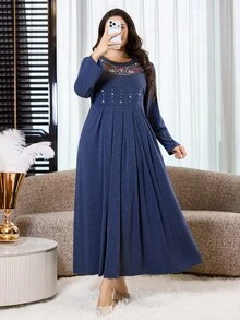 Al Najma Plus Size Women's Floral Embroidered Rhinestone Decorated Pleated Hem Arabian Dress - Navy Blue - View 6