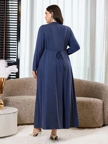 Al Najma Plus Size Women's Floral Embroidered Rhinestone Decorated Pleated Hem Arabian Dress - Navy Blue - View 2