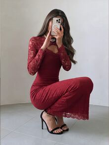 Modelyn 酒紅色鏤空蕾絲拼接修身貼身長袖中長洋裝,適合夜晚外出與晚餐,秋季成熟優雅風 - 酒紅色 - 查看 9