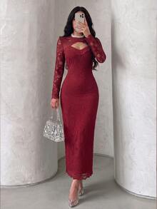 Modelyn 酒紅色鏤空蕾絲拼接修身貼身長袖中長洋裝,適合夜晚外出與晚餐,秋季成熟優雅風 - 酒紅色 - 查看 5