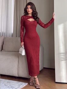 Modelyn 酒紅色鏤空蕾絲拼接修身貼身長袖中長洋裝,適合夜晚外出與晚餐,秋季成熟優雅風 - 酒紅色 - 查看 6