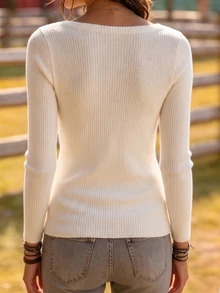 EMERY ROSE Women's Knitted Casual Basic Fall T-Shirt Office Everyday Travel Off-White - Apricot - View 2
