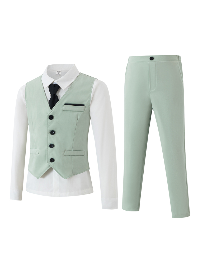 SHEIN Big Boys Sage Green Slim Fit Formal Suit Set Fall Wedding Dance Graduation Elegant Outfit Autumn Winter - Mint Green - View 4