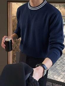 Claim Dot Men's Colorblock Casual Versatile Daily Wear Long Sleeve Sweater Pull, Sweaters - Navy Blue - View 1