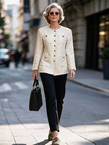 Offisola Women's Vintage Button Long Sleeve Pocket Elegant Jacket For Banquet And Party - Apricot - View 5