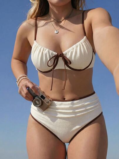 Swim Vcay Plus Size Women 2pcs Soft Padded Steel Wire Trim Design Bowknot Casual Swimwear Set
