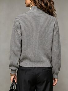 SHEIN Cardigan Rajut Leher Corong Kasual Mewah Musim Gugur/Musim Dingin Terbaru untuk Wanita, Lengan Panjang, Resleting Dua Arah, Bahu Longgar - Grey - View 2