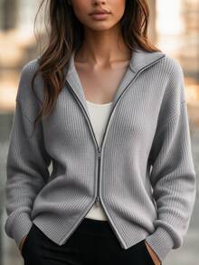 SHEIN Cardigan Rajut Leher Corong Kasual Mewah Musim Gugur/Musim Dingin Terbaru untuk Wanita, Lengan Panjang, Resleting Dua Arah, Bahu Longgar - Grey - View 1