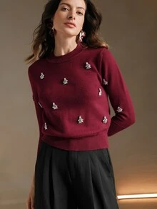 Anewsta Handmade Crystal Velvet Commuter Christmas Commuter Christmas Round Neck Long Sleeve Women Winter Sweater - Burgundy - View 5
