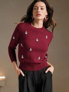 Anewsta Handmade Crystal Velvet Commuter Christmas Commuter Christmas Round Neck Long Sleeve Women Winter Sweater - Burgundy - View 6