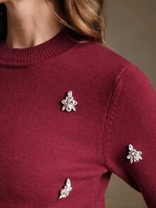 Anewsta Handmade Crystal Velvet Commuter Christmas Commuter Christmas Round Neck Long Sleeve Women Winter Sweater - Burgundy - View 4