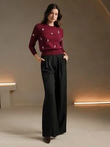 Anewsta Handmade Crystal Velvet Commuter Christmas Commuter Christmas Round Neck Long Sleeve Women Winter Sweater - Burgundy - View 7