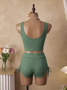 Swim Basics Conjunto de tankini de espalda cruzada descubierta de unicolor, para playa en verano - Verde militar - Ver 3