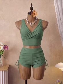 Swim Basics Conjunto de tankini de espalda cruzada descubierta de unicolor, para playa en verano - Verde militar - Ver 2