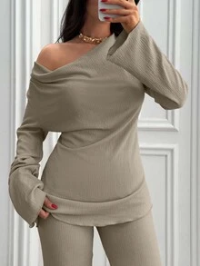 SHEIN مجموعة ملابس كاجوال محتشمة من قطعتين للنساء بمقاس كبير، لون بني موكا سادة، أكمام طويلة وخصر عالي - بني مخاوي - مشاهدة 7