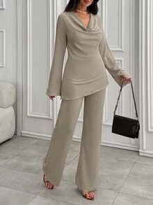 SHEIN مجموعة ملابس كاجوال محتشمة من قطعتين للنساء بمقاس كبير، لون بني موكا سادة، أكمام طويلة وخصر عالي - بني مخاوي - مشاهدة 1