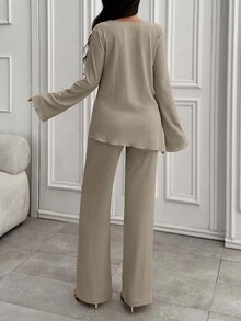 SHEIN مجموعة ملابس كاجوال محتشمة من قطعتين للنساء بمقاس كبير، لون بني موكا سادة، أكمام طويلة وخصر عالي - بني مخاوي - مشاهدة 2