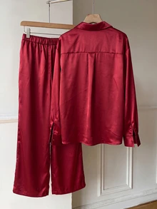 Comfortcana Women's Embroidered Single-Breasted Top And Pants Casual Set - Burgundy - View 2