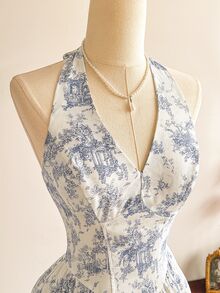 Vintamour 复古优雅女士连衣裙，露背领结，适合度假、夏季穿着，包括节日、派对、婚礼等场合。款式多样，包括婚礼宾客礼服、毕业礼服、舞会礼服、优雅仪式礼服、生日礼服、度假套装、正式礼服、碎花连衣裙和乡村风格连衣裙。 - 藍白色 - 查看 4