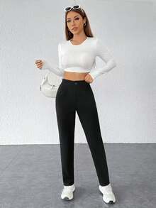 SHEIN PETITE Solid Plicated Detail Black Pants ,Petite Women - Black - View 6