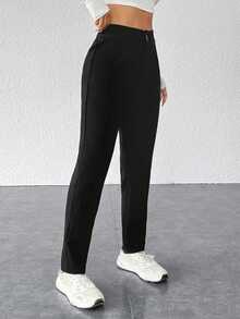 SHEIN PETITE Solid Plicated Detail Black Pants ,Petite Women - Black - View 7