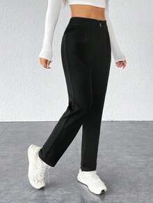 SHEIN PETITE Solid Plicated Detail Black Pants ,Petite Women - Black - View 3