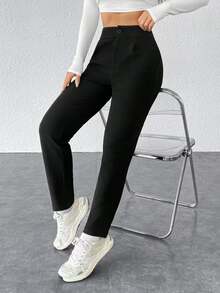 SHEIN PETITE Solid Plicated Detail Black Pants ,Petite Women - Black - View 1