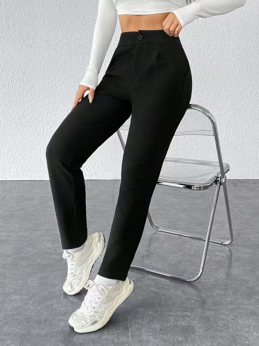 SHEIN PETITE Solid Plicated Detail Black Pants ,Petite Women - Black - View 1