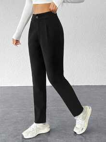 SHEIN PETITE Solid Plicated Detail Black Pants ,Petite Women - Black - View 5