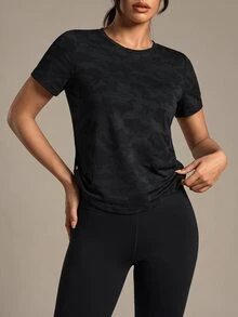 SHEIN Sports 迷彩印花蝙蝠袖运动T恤健身背心健身房女式衬衫 - 黑色 - 查看 4