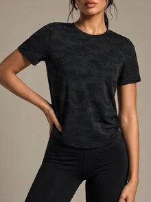 SHEIN Sports 迷彩印花蝙蝠袖运动T恤健身背心健身房女式衬衫 - 黑色 - 查看 6