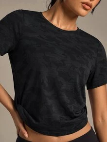 SHEIN Sports 迷彩印花蝙蝠袖运动T恤健身背心健身房女式衬衫 - 黑色 - 查看 7