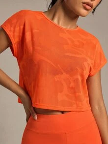 SHEIN Sports Round Neck Solid Color Fashion Sports T-Shirt, Short Sleeve, Suitable For Summer Gym Women Shirts - Orange - View 4