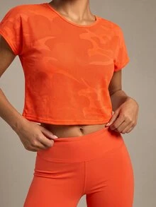 SHEIN Sports Round Neck Solid Color Fashion Sports T-Shirt, Short Sleeve, Suitable For Summer Gym Women Shirts - Orange - View 6
