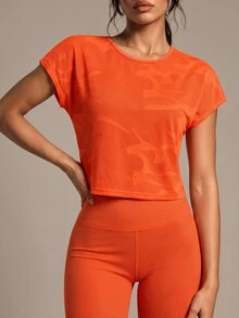 SHEIN Sports Round Neck Solid Color Fashion Sports T-Shirt, Short Sleeve, Suitable For Summer Gym Women Shirts - Orange - View 7