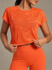 SHEIN Sports Round Neck Solid Color Fashion Sports T-Shirt, Short Sleeve, Suitable For Summer Gym Women Shirts - Orange - View 2