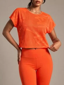 SHEIN Sports Round Neck Solid Color Fashion Sports T-Shirt, Short Sleeve, Suitable For Summer Gym Women Shirts - Orange - View 3