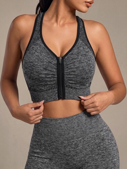SHEIN Sports Zip Up Contrast Binding Racer Back Sports Up Bra Sports Bra For Women