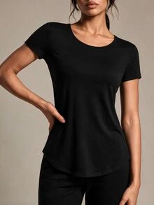 Sovereign Charm Solid Crop Sports Long Sleeve Teeworkout Tank Top Gym Women Shirts - Black - View 4