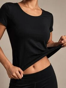Sovereign Charm Solid Crop Sports Long Sleeve Teeworkout Tank Top Gym Women Shirts - Black - View 7