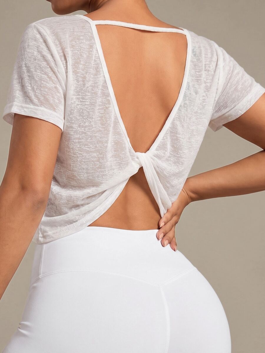 SHEIN Sports Women's Back Twist Hollow Out Short Sleeve Sports T-Shirt Gym Top - White - View 1