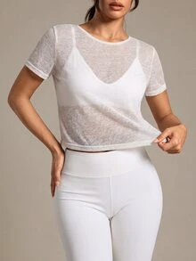 SHEIN Sports Women's Back Twist Hollow Out Short Sleeve Sports T-Shirt Gym Top - White - View 4