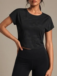 SHEIN Sports Camo Print Wrap Cut Out Back Sports Tee Workout Tank Top Gym Women Shirts - Black - View 5