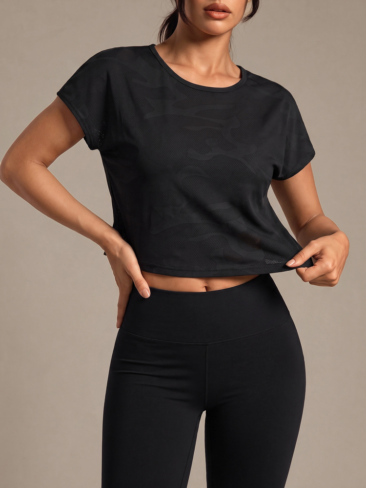 SHEIN Sports Camo Print Wrap Cut Out Back Sports Tee Workout Tank Top Gym Women Shirts - Black - View 3